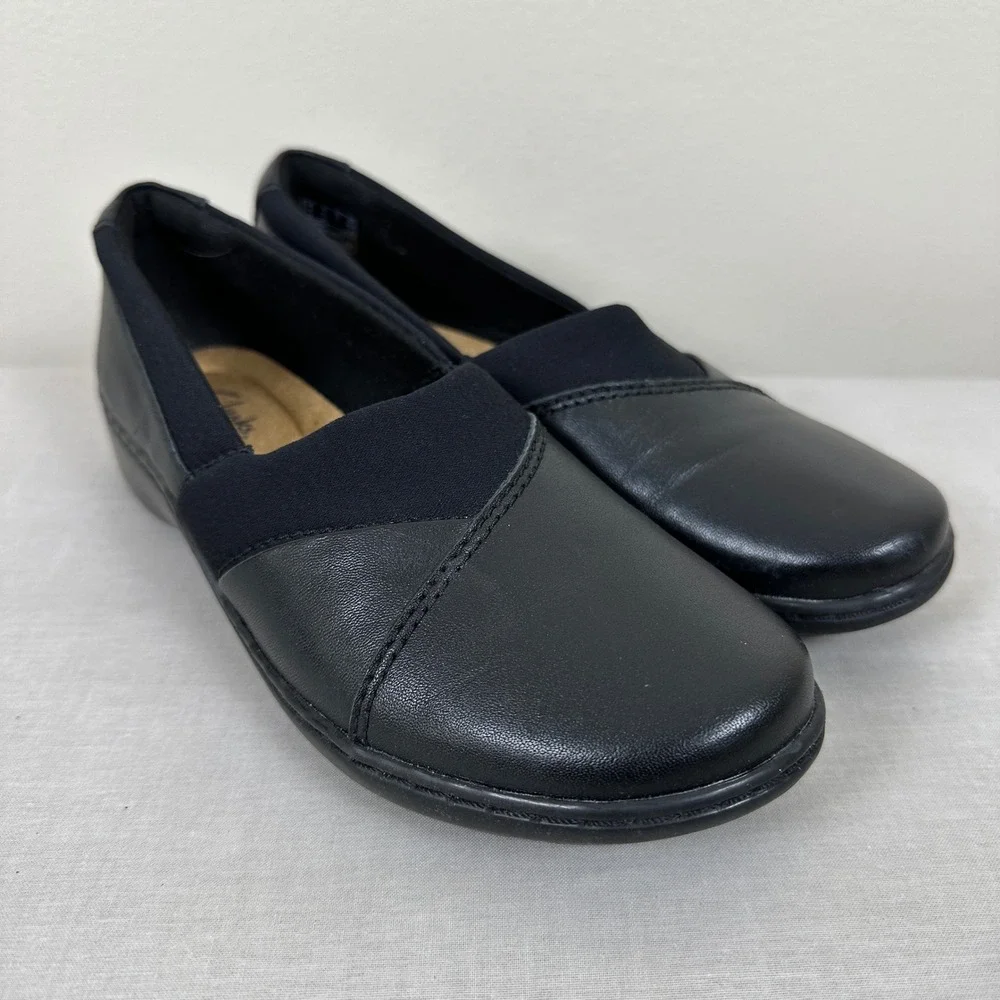 Clarks Womens 6.5 Slip On Shoes‎ Black Leather Comfort Stretch Classic Casual